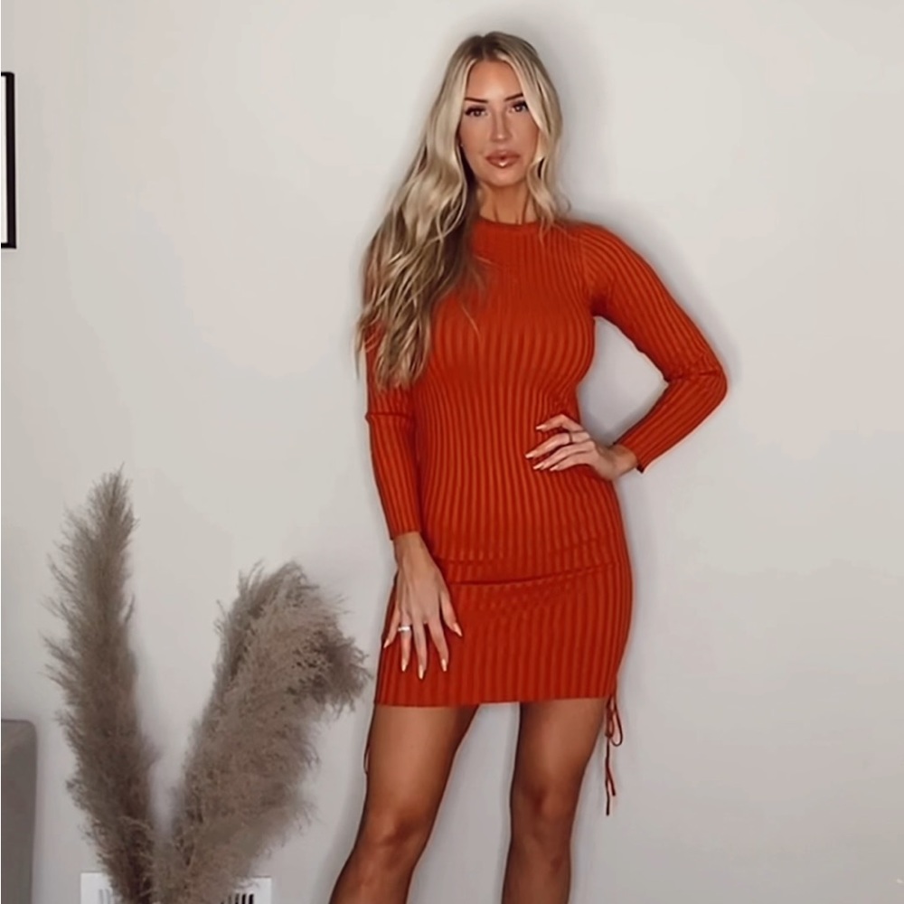 Orange ribbed sweater dress